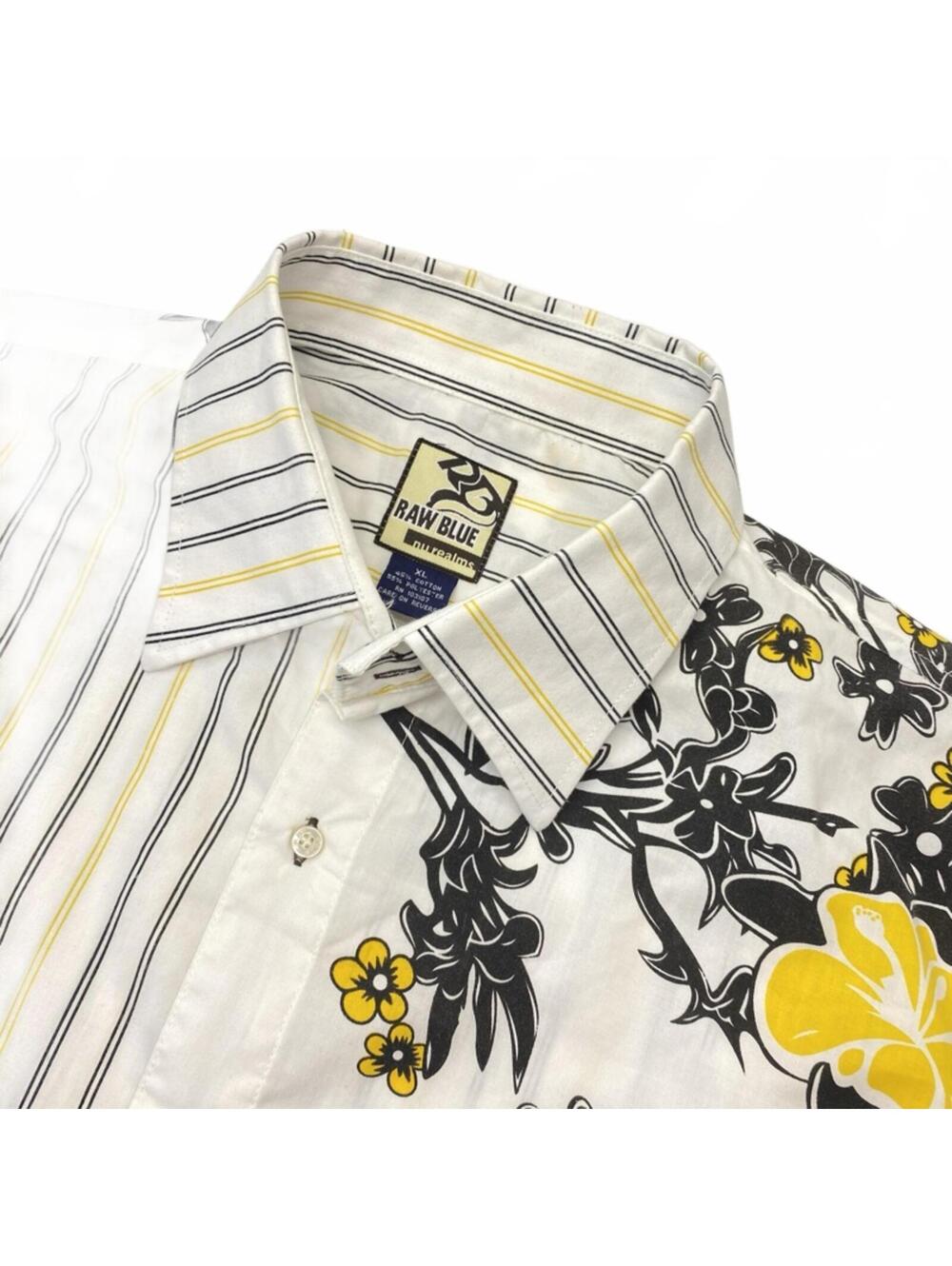 Raw Blue Men’s XL Short Sleeve Button-Up Shirt White Black Yellow Floral Stripe